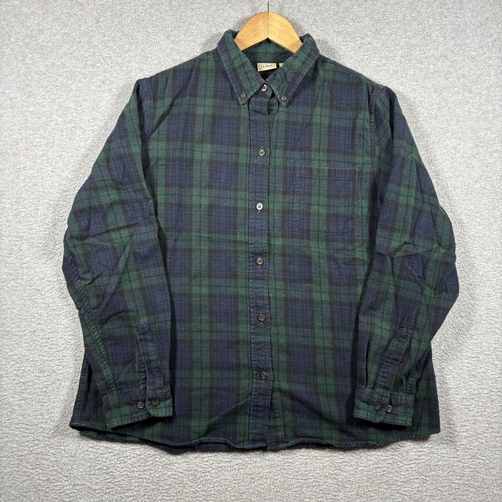 LL Bean Womens Flannel Shirt XL Black Watch Tartan Plaid Scotch Cotton Preppy
